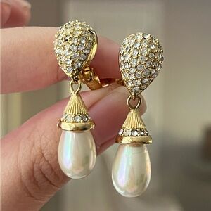 Vintage Christian Dior Rhinestone Teardrop Pearl Drop Dangle Gold Clip Earrings